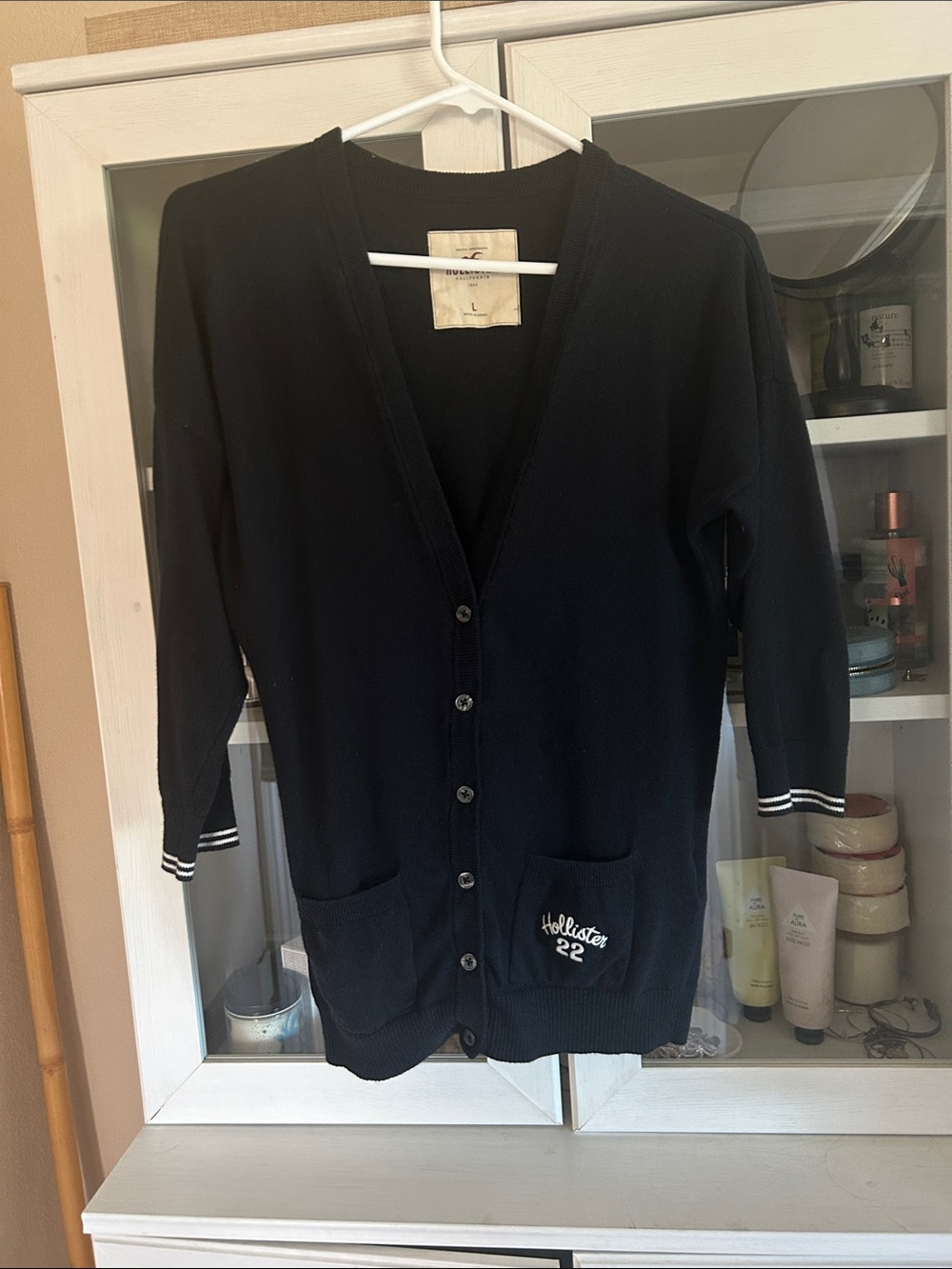 Hollister Navy V-Neck Button Cardigan with Pocket Logo